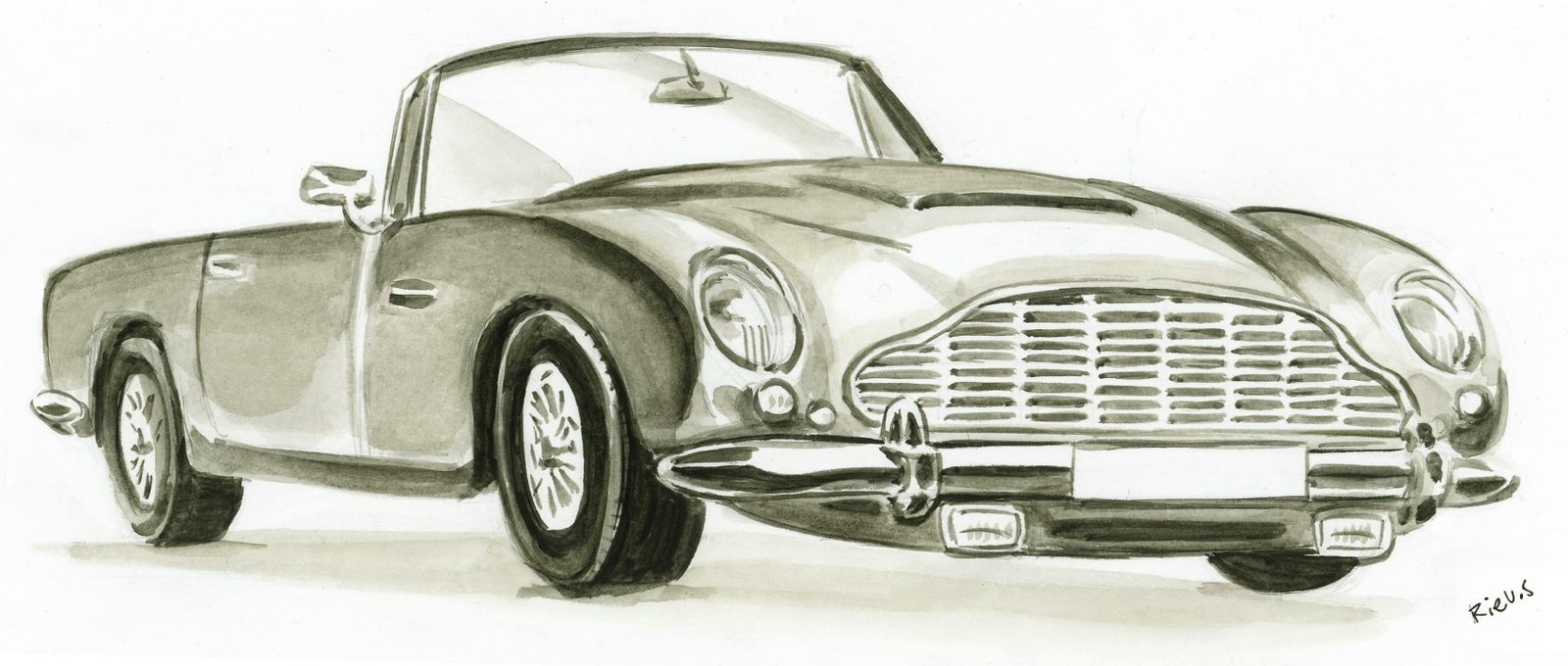 Retrato en acuarela de un Aston Martin DB5, dibujo original de Sébastien Rieu