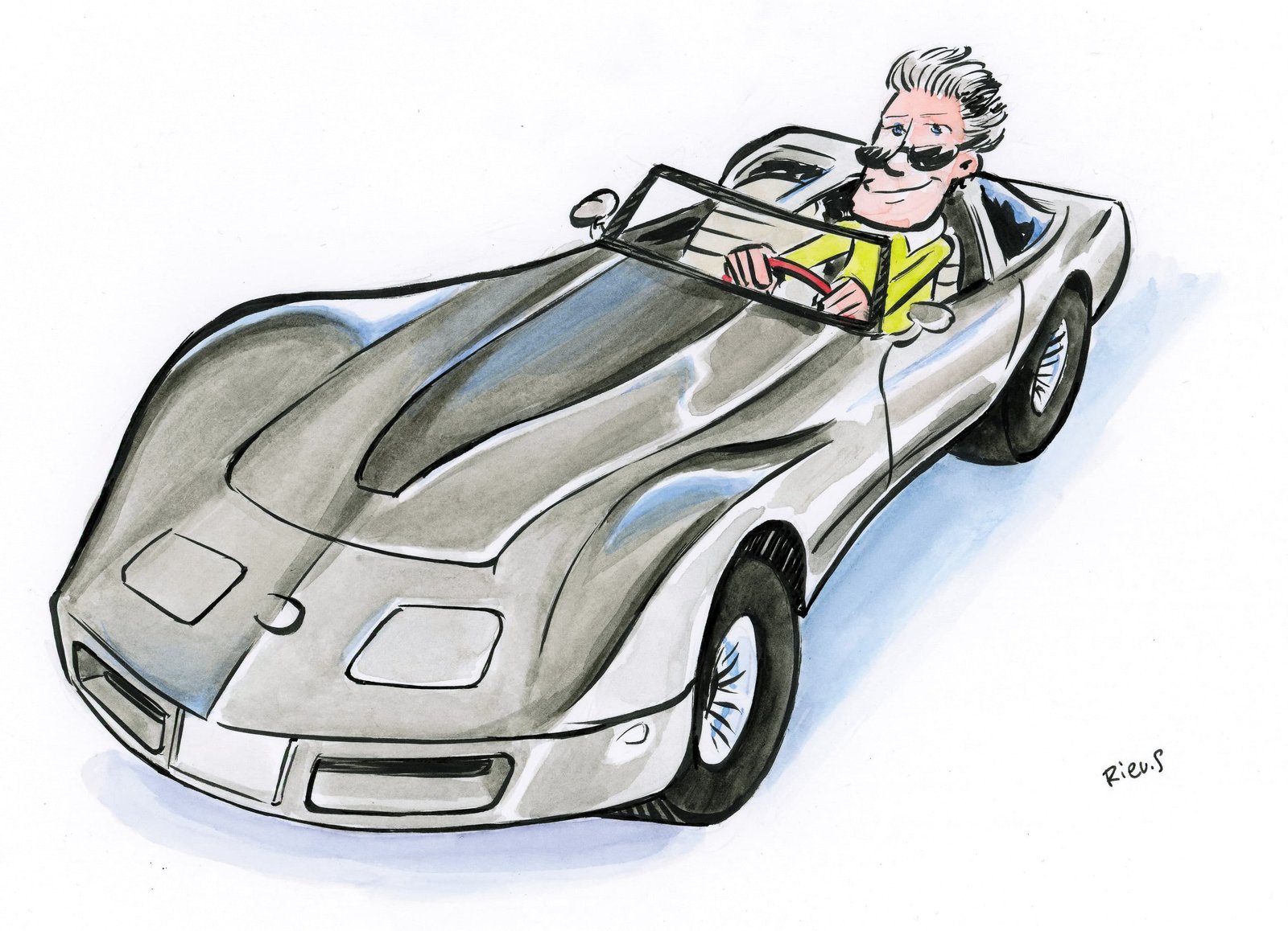 Caricatura en acuarela de un Chevrolet Corvette de 1982, ilustración original