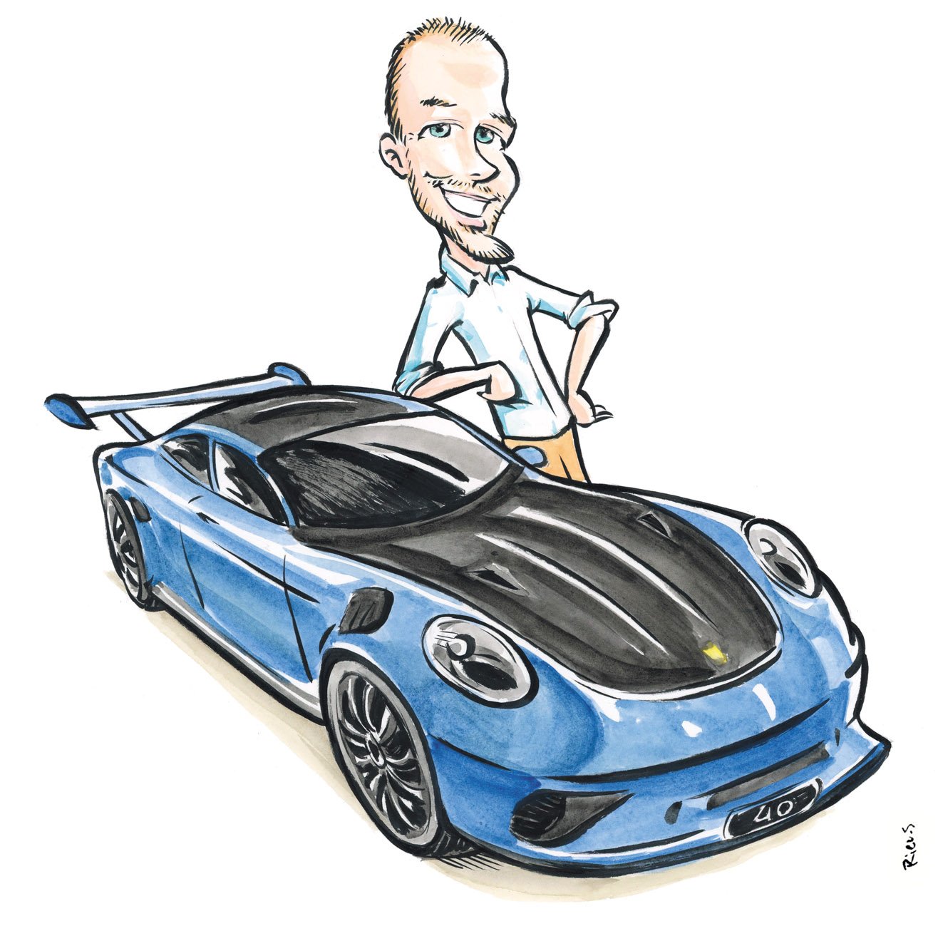 Acuarela original de un Porsche 911 GT3 RS dibujada a mano por Sébastien Rieu