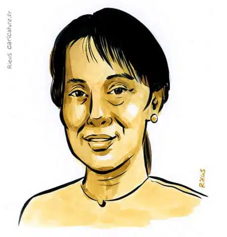 Retrato histórico en acuarela sepia de Aung San Suu Kyi — Líder de la oposición — 1945– · Sébastien Rieu