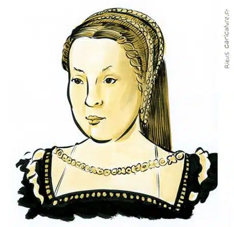 Retrato histórico en acuarela sepia de Catalina de Médici — Reine de France — 1519–1589 · Sébastien Rieu