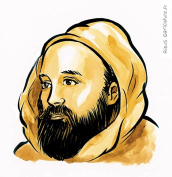 Retrato en acuarela sepia de Al-Jazarí — Ingeniero e inventor — 1136–1206 · Sébastien Rieu