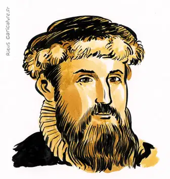 Retrato en acuarela sepia de Gutenberg — Inventor de la imprenta — ~1400–1468 · Sébastien Rieu