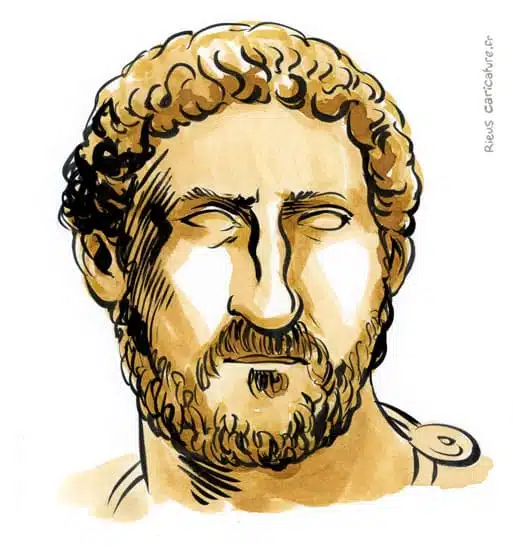 Retrato histórico en acuarela sepia de Adriano — Emperador — 76–138 · Sébastien Rieu