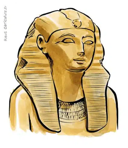 Retrato histórico en acuarela sepia de Hatshepsut — faraón — ~1507–1458 av. J.-C. · Sébastien Rieu