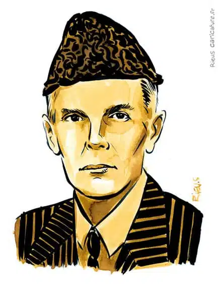 Retrato histórico en acuarela sepia de Muhammad Ali Jinnah — Fundador de Pakistán — 1876–1948 · Sébastien Rieu