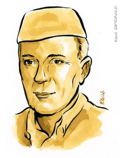 Retrato histórico en acuarela sepia de Jawaharlal Nehru — Primer ministro — 1889–1964 · Sébastien Rieu