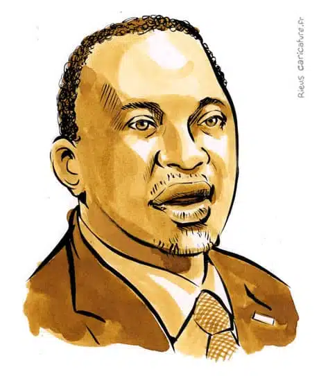 Retrato histórico en acuarela sepia de Jomo Kenyatta — Presidente — ~1897–1978 · Sébastien Rieu