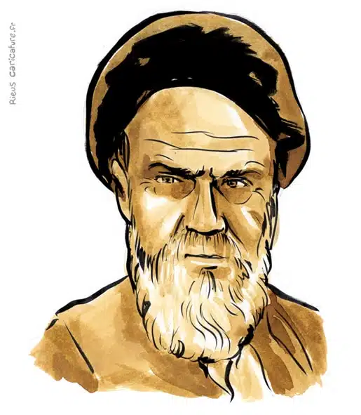 Retrato histórico en acuarela sepia de Ruhollah Jomeini — Líder Supremo — 1902–1989 · Sébastien Rieu