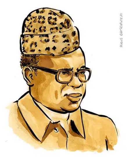 Retrato histórico en acuarela sepia de Mobutu Sese Seko — Dictador — 1930–1997 · Sébastien Rieu