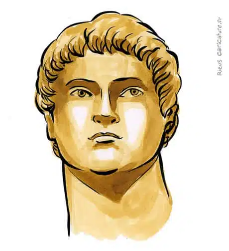 Retrato histórico en acuarela sepia de Nerón — Emperador — 37–68 · Sébastien Rieu