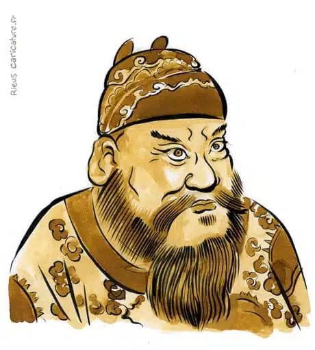 Retrato histórico en acuarela sepia de Qin Shi Huangdi — 1er emperador — 259–210 av. J.-C. · Sébastien Rieu