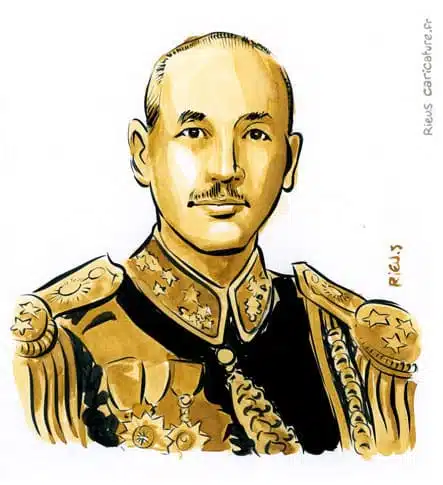 Retrato histórico en acuarela sepia de Chiang Kai-shek — Presidente — 1887–1975 · Sébastien Rieu