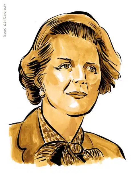 Retrato histórico en acuarela sepia de Margaret Thatcher — Première ministre — 1925–2013 · Sébastien Rieu