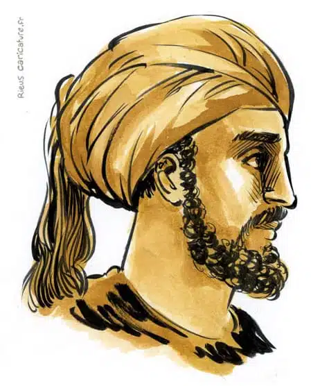 Retrato histórico en acuarela sepia de Abd al-Rahman I — Emir de al-Andalus — 731–788 · Sébastien Rieu