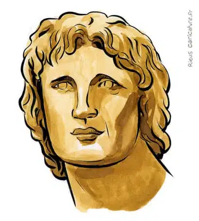 Retrato histórico en acuarela sepia de Alejandro Magno — Conquistador — 356–323 av. J.-C. · Sébastien Rieu