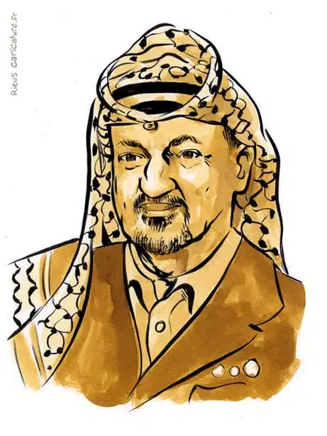 Retrato histórico en acuarela sepia de Yasser Arafat — Presidente — 1929–2004 · Sébastien Rieu