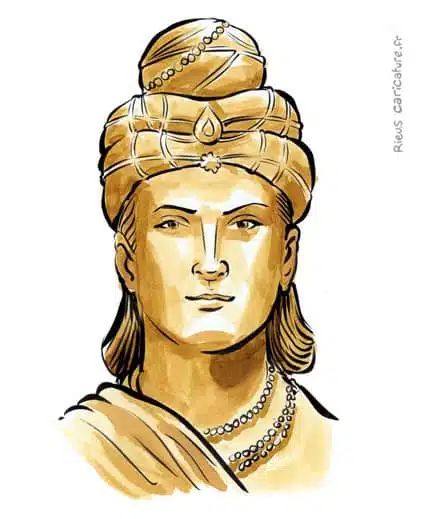 Retrato histórico en acuarela sepia de Asoka — Emperador Maurya — ~304–232 av. J.-C. · Sébastien Rieu