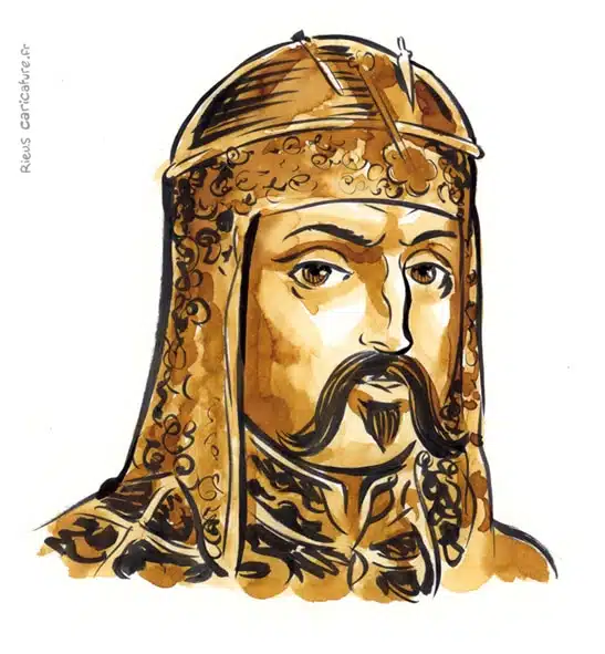 Retrato histórico en acuarela sepia de Atila — Líder de los hunos — 406–453 · Sébastien Rieu