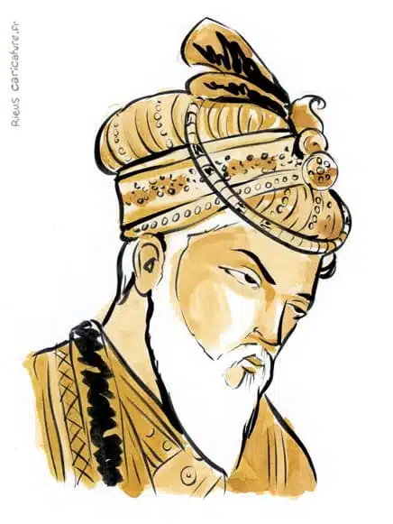 Retrato histórico en acuarela sepia de Aurangzeb — emperador mogol — 1618–1707 · Sébastien Rieu