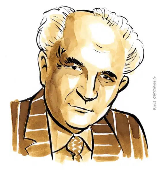 Retrato histórico en acuarela sepia de David Ben-Gurion — Primer ministro — 1886–1973 · Sébastien Rieu
