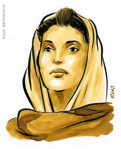 Retrato histórico en acuarela sepia de Benazir Bhutto — Primer ministro — 1953–2007 · Sébastien Rieu