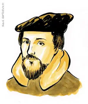 Retrato en acuarela sepia de Juan Calvino — Reformador — 1509–1564 · Sébastien Rieu