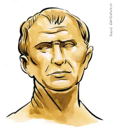 Retrato histórico en acuarela sepia de Julio César — Dictador — 100–44 av. J.-C. · Sébastien Rieu