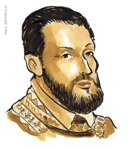 Retrato histórico en acuarela sepia de Carlos V — Emperador — 1500–1558 · Sébastien Rieu