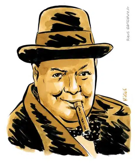 Retrato histórico en acuarela sepia de Winston Churchill — Premier ministre — 1874–1965 · Sébastien Rieu