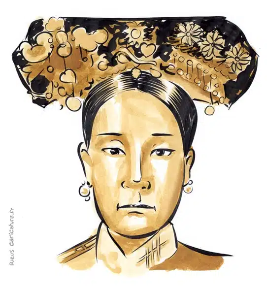 Retrato histórico en acuarela sepia de Emperatriz Cixi — Regente — 1835–1908 · Sébastien Rieu