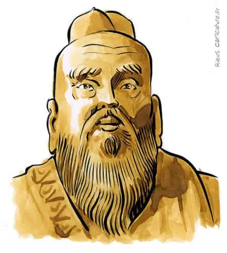 Retrato histórico en acuarela sepia de Confucio — Filósofo — 551–479 av. J.-C. · Sébastien Rieu