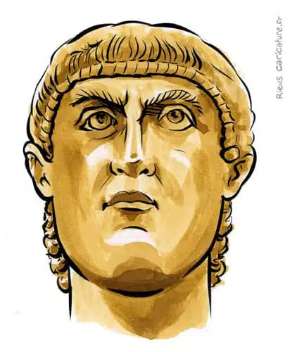 Retrato histórico en acuarela sepia de Constantino I — Emperador — 272–337 · Sébastien Rieu
