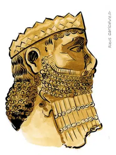 Retrato histórico en acuarela sepia de Darius III — Rey de los persas — ~380–330 av. J.-C. · Sébastien Rieu