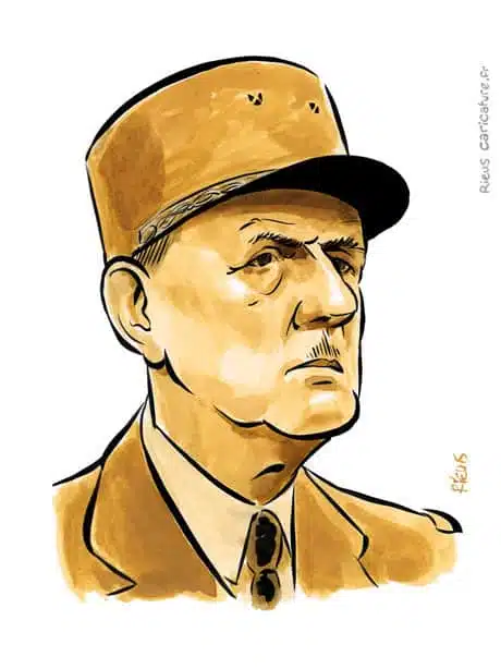 Retrato histórico en acuarela sepia de Charles de Gaulle — Président — 1890–1970 · Sébastien Rieu