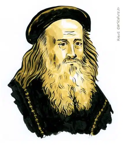 Retrato histórico en acuarela sepia de Leonardo da Vinci — genio universal — 1452–1519 · Sébastien Rieu