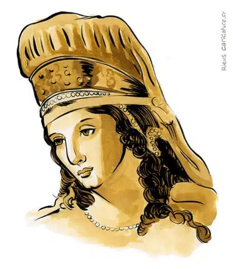 Retrato histórico en acuarela sepia de Dido de Cartago — Fundador de Cartago — ~IXe s. av. J.-C. · Sébastien Rieu