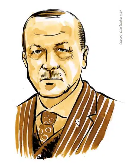 Retrato histórico en acuarela sepia de Recep Erdoğan — Presidente — 1954– · Sébastien Rieu