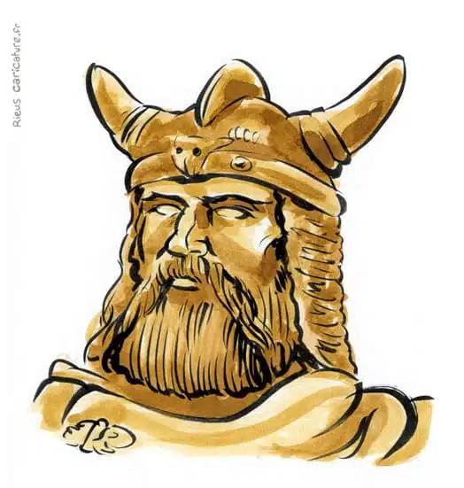 Retrato histórico en acuarela sepia de Erik el Rojo — explorador vikingo — ~950–1003 · Sébastien Rieu