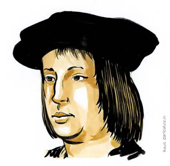 Retrato histórico en acuarela sepia de Fernando II de Aragón — rey de españa — 1452–1516 · Sébastien Rieu
