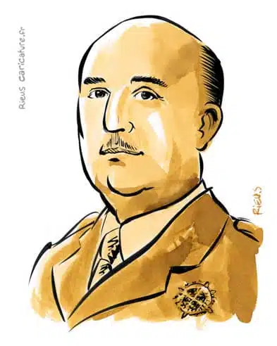 Retrato histórico en acuarela sepia de Francisco Franco — Dictador — 1892–1975 · Sébastien Rieu