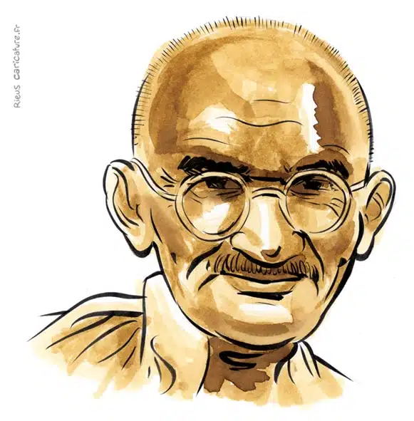 Retrato histórico en acuarela sepia de Mahatma Gandhi — Padre de la Nación — 1869–1948 · Sébastien Rieu