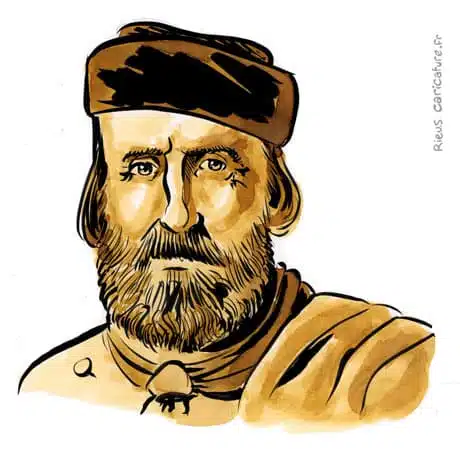 Retrato histórico en acuarela sepia de Giuseppe Garibaldi — Héroe de la unidad italiana — 1807–1882 · Sébastien Rieu