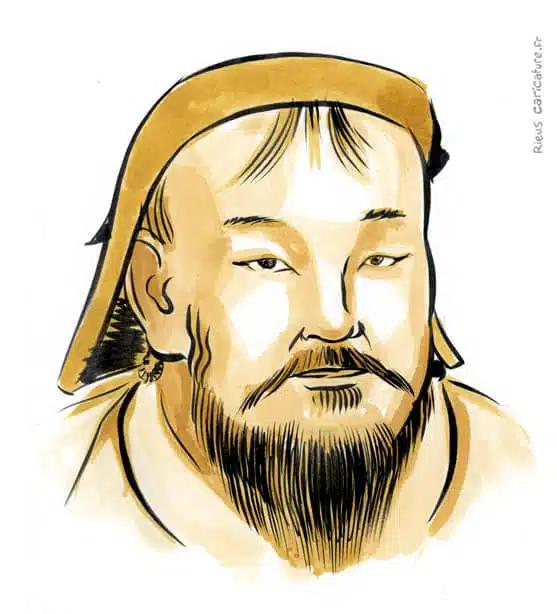 Retrato histórico en acuarela sepia de Gengis Kan — Fundador del Imperio Mongol — 1162–1227 · Sébastien Rieu