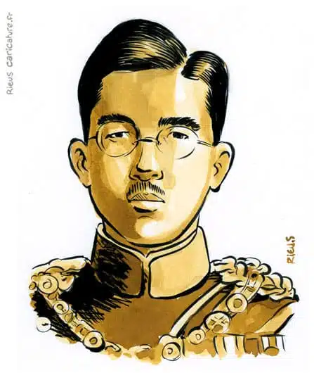 Retrato histórico en acuarela sepia de Hirohito — Emperador — 1901–1989 · Sébastien Rieu