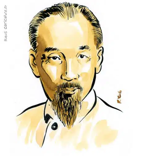 Retrato histórico en acuarela sepia de Hồ Chí Minh — Presidente — 1890–1969 · Sébastien Rieu