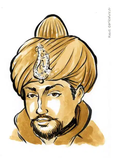 Retrato histórico en acuarela sepia de Ibrahim Lodi — Sultán de Delhi — ~1480–1526 · Sébastien Rieu