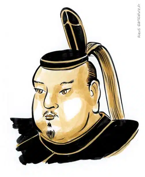 Retrato histórico en acuarela sepia de Tokugawa Iemitsu — shogun — 1604–1651 · Sébastien Rieu