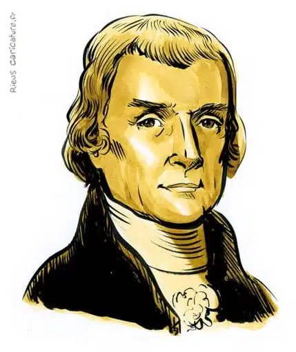 Retrato histórico en acuarela sepia de Thomas Jefferson — 3er presidente — 1743–1826 · Sébastien Rieu