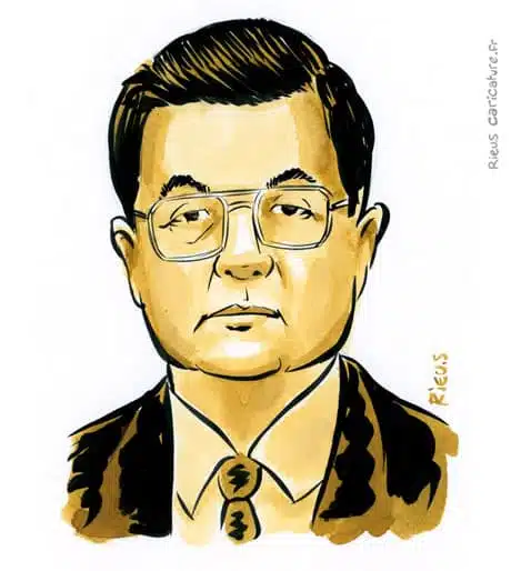 Retrato histórico en acuarela sepia de Hu Jintao — Presidente — 1942– · Sébastien Rieu